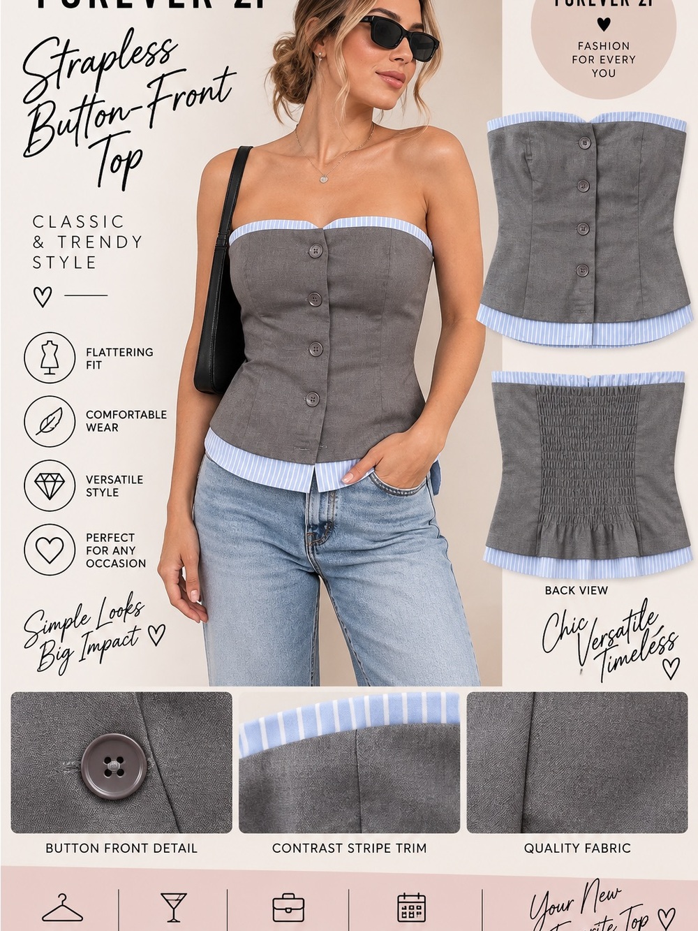 Forever 21 Gray Strapless Button-Front Top with Blue Stripe Trim